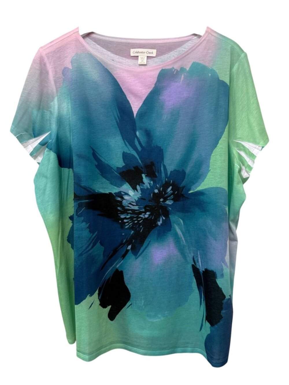 COLDWATER CREEK Top Plus Size 2X Blue Watercolor Statement Floral Tee NWOT